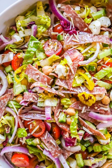 Italian Chopped Salad. Side Salad Recipes Italian, Healthy Italian Chopped Salad, Chopped Salami Salad, Salami Chickpea Salad, Italian Chop Salad Recipes, Italian Summer Salads, Italian Meat Salad, Big Italian Salad, Loaded Italian Salad