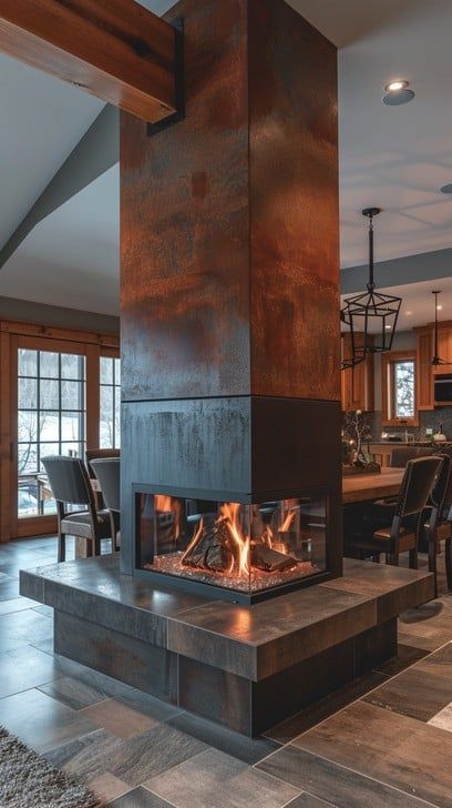 Central Fireplace Living Room, Fireplace Between Kitchen And Living, Modern Rustic Fireplace, Dual Fireplace, Island Fireplace, Industrial Fireplace, Central Fireplace, Living Room Designs Cozy, Luxury Fireplace