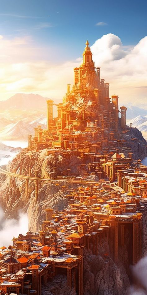 Fantasy City In The Mountains, Fantasy City Built Into Mountain, Fantasy Mountain City Concept Art, Light Kingdom Fantasy Art, Fantasy City Art Cityscapes, Fantasy Mountain Kingdom, Mountain Fantasy City, Mountain Kingdom Fantasy Art, Mountain City Fantasy Art