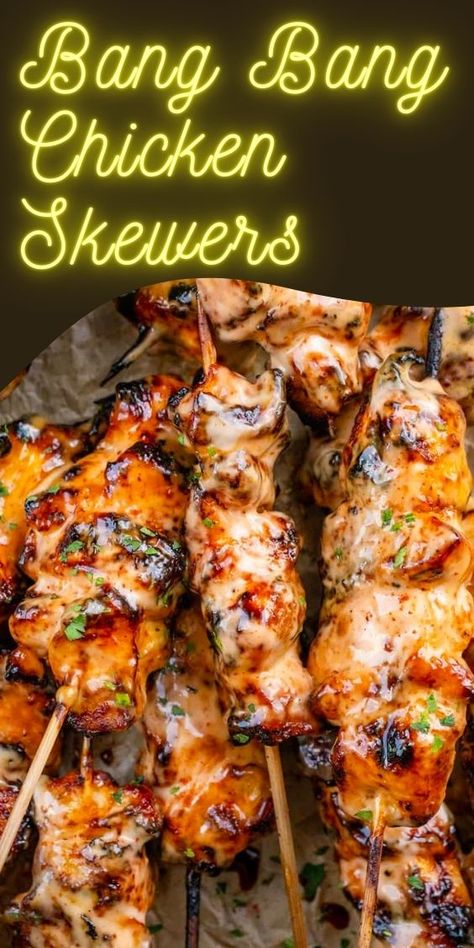 Bang Bang Chicken Skewers Recipe Bang Bang Chicken Skewers, Cubed Chicken, Bang Bang Sauce, Bang Bang Chicken, Chicken Skewer Recipe, Skewer Recipes, Air Fryer Dinner Recipes, Chicken Skewers, Grilled Chicken Recipes