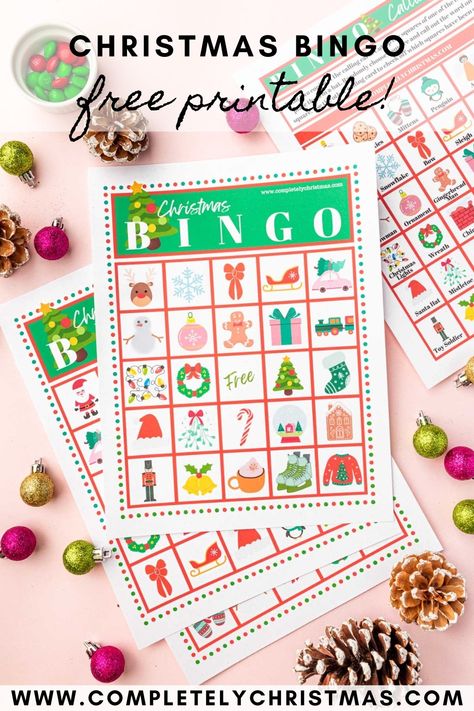 This adorable Christmas bingo free printable is a fun Christmas game for all ages. Whether you are looking for a Christmas game to play with your family or need a Christmas party activity fit for a crowd, this free printable is just what you need with 30 unique Christmas bingo cards. It's such a fun and festive bingo game that you can print right from your printer at home. #printable #christmas Kids Christmas Bingo Free Printable, Christmas Olympic Games Kids, Christmas Simon Says Game, Xmas Bingo Free Printable, Holiday Bingo For Kids Free Printable, Free Christmas Bingo Cards Printable, Christmas Bingo Cards Free Printable, Christmas Party Stations For Kids, Christmas Free Printable Games