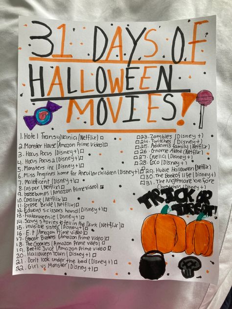 31 Days Of Halloween Movies Scary, Fun Things To Do Halloween, 31 Days Of October Challenge, How To Get In The Halloween Spirit, Things To Do For Halloween At Home, Things To Do October, Movie Night Ideas Halloween, Things To Do At Halloween Sleepover, Halloween Movies List 31 Days