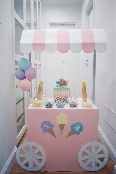 Ice Cream Booth Ideas, Heres The Scoop Birthday Party Decorations, Ice Cream Day Decoration, Diy Ice Cream Cart Birthday Parties, Pastel Sweet One Birthday, Diy Ice Cream Cart Ideas, Decorate Chairs For Party, Diy Ice Cream Stand Cardboard Boxes, Ice Cream Birthday Photo Shoot