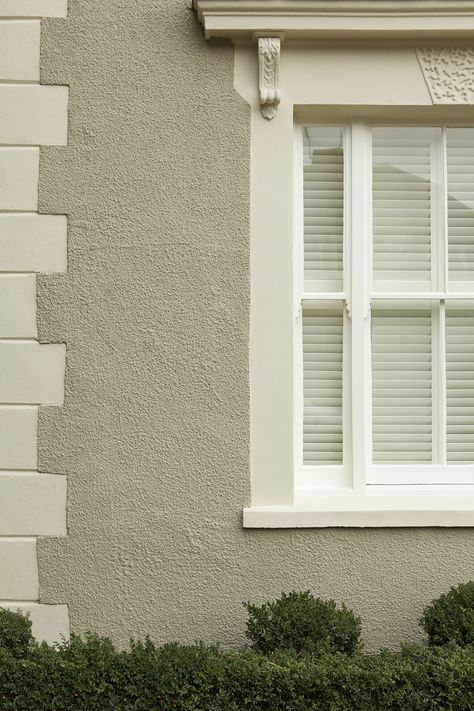 House painted in Farrow & Ball Masonry Paint - Light Gray rendering with bricks and window surround in Off-White and wooden window frame in Wimborne White Exterior Eggshell. Rendered Houses, Best Exterior Paint, Outside Paint, Masonry Paint, Pintura Exterior, Exterior House Color, Painted Front Doors, White Windows, Exterior Paint Colors For House