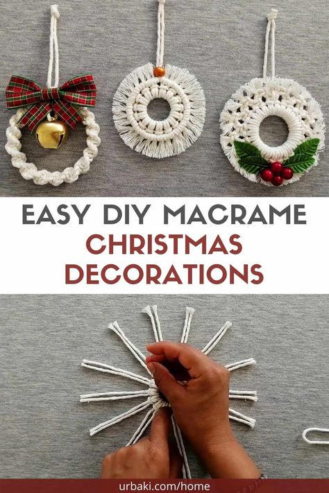 Easy Yarn Christmas Ornaments, Quick Ornaments For Kids, Diy Macrame Ornaments Christmas, Macrame Christmas Ornaments Diy Easy, Diy Christmas Ornaments Kids Can Make, Macrame Christmas Ornaments Diy Tutorial, Easy Macrame Christmas Ornaments, Macrame Christmas Ornaments Tutorials, Easy Macrame Ornaments