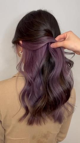 purple peekaboo hair｜TikTok Search Purple Hidden Hair Color, Brown And Dark Purple Hair, Purple Hair Brown Hair, Brown Hair And Purple Highlights, Dark Purple On Brown Hair, Dark Brown To Purple Hair, Peekaboo Purple Hair Dark Brown, Purple Hidden Hair, Peek A Boo Dyed Hair