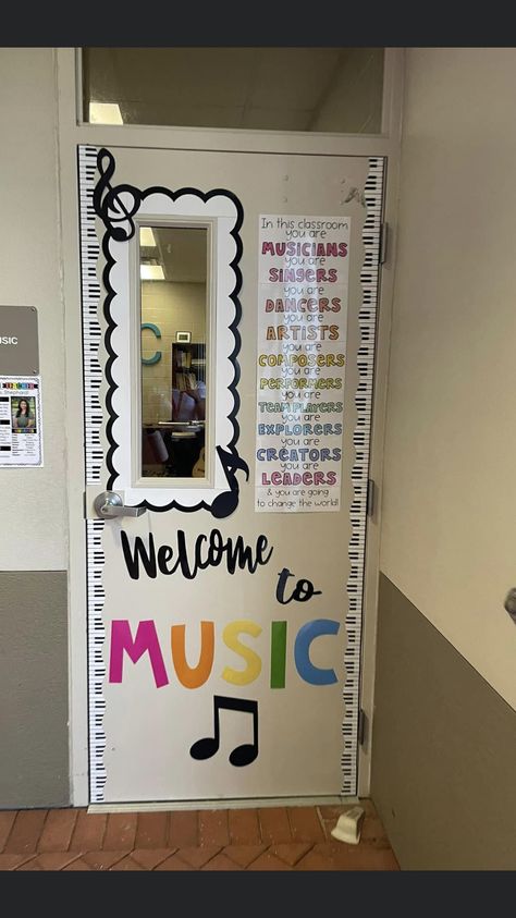 Classroom Music Decor, School Music Room Design Ideas, Fall Music Door Decorations, Choir Room Bulletin Board, Music Room Classroom, School Music Room Decor Ideas, Music Class Decorations, Music Room Elementary School, Music Teacher Classroom Decorations