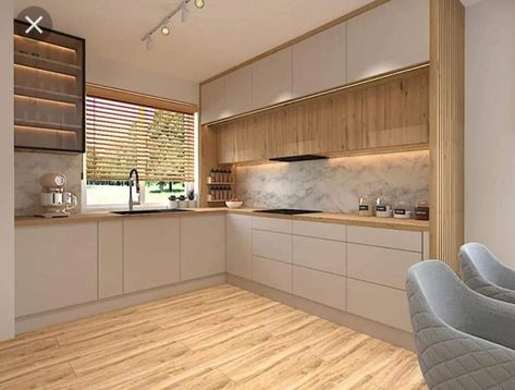 Kitchen On Two Opposite Walls, White Kitchen With Wood Cabinets, Kitchen Window Design, Minimal Kitchen Design, Simple Kitchen Design, Kitchen Layout Plans, Modern Kitchen Interiors, Kitchen Interior Design Decor, Kitchen Interior Design Modern