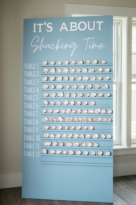 Wedding Idea Beach, Wedding Seating Chart Oysters, Modern Nautical Wedding Inspiration, Cape Cod Wedding Seating Chart, Cape Cod Wedding Centerpieces, It’s About Shucking Time, Formal Coastal Wedding, Beach Wedding New England, Oysters At Wedding