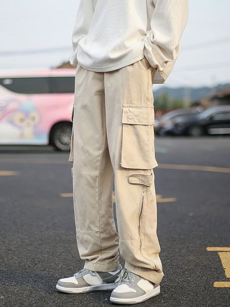 Nice product all as described Beige Streetwear Men, Tan Carpenter Pants Outfit, Men Cargo Pants Outfit Fashion, Cargo Pants Reference, Light Cargo Pants Outfit, Khaki Pants Outfit Casual, Fit Ideas Men, Fashion Boy Style, Pastel Mens Fashion