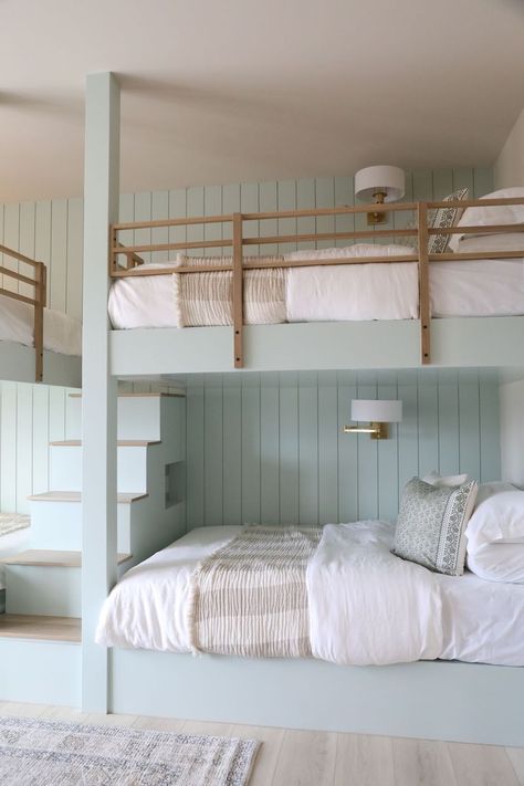 Build a Multifunctional Bunk Room like this one in our Rosemary Project! - Becki Owens Blog Bunk Bed Lighting Ideas, Beach House Bunk Beds, Lake House Bunk Rooms, Beach House Bunk Room, Zellige Tile Bathroom, Bunk Room Ideas, Modern Bunk, Bunk Bed Room, Modern Bunk Beds