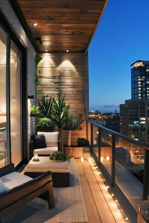 Decorating With Lights, Modern Balcony Design, Contemporary Balcony, Balcony Interior, Small Apartment Balcony Ideas, Cozy Balcony, Condo Balcony, Modern Balcony, Rooftop Terrace Design