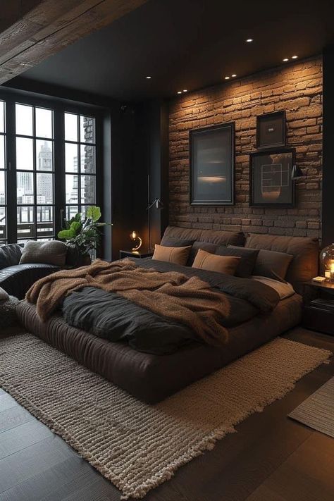 Best House Design Interiors, Dark Color Bedding Ideas, Wooden Bedroom Ideas Interiors, Bedroom No Carpet, Low Height Bed Design Master Bedrooms, Dark Modern Master Room, Dark Room Interior Design, Large Media Room Ideas, Dark Wood Interior Design Bedroom