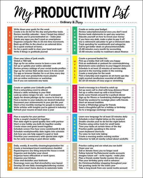 a productivity list with 100 ideas for how to be more productive Organized List Ideas, Everyday Tasks List, Master To Do List Ideas, Organize To Do List At Work, Weekly Priorities List, Daily Tasks Ideas, Adulting To Do List, Lists For Planners, How To Be Organised