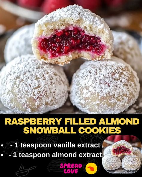 Raspberry Filled Almond Snowball Cookies Almond Snowball Cookies, Sugar Cookie Recipe For Decorating, Almond Cookie, Almond Meal Cookies, Christmas Food Treats, Cake Mug, Raspberry Cookies, Jam Cookies, Snowball Cookies