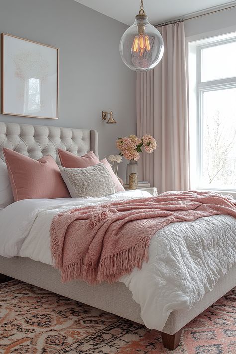 The pink and grey bedroom aesthetic is a popular choice for its calming and sophisticated vibe.  Explore different ways to achieve this look, whether you prefer a minimalist approach with soft hues or a dramatic statement with darker shades.  Find inspiration for creating a pink and grey bedroom that reflects your own personal style. Pink And White Comforter Set, Pink White And Grey Bedroom Ideas For Adults, Bedroom Inspirations Dusty Pink, Grey Pink Room Bedrooms, Bedroom Inspo Minimalist Pink, Bedroom Inspo Pink And Grey, Aesthetic Grey Room Ideas, Gray And Light Pink Bedroom, Nude And Pink Bedroom Ideas