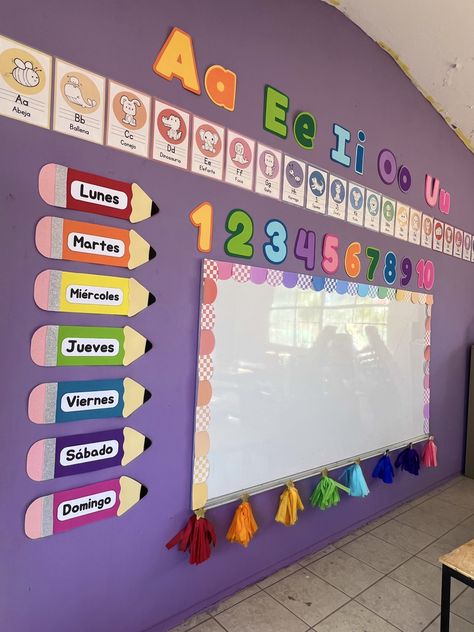 Classroom Decoration Kindergarten, White Board Ideas Classroom Preschool, Color Theme Classroom Ideas, Classroom Decor Preschool Ideas, Classroom Cabinet Decorating Ideas, Preschool Classroom Boards Ideas, Daycare Classroom Setup Preschool Rooms, School Age Room Set Up Daycare, Colourful Classroom Ideas