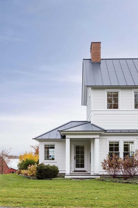 A peek into this timeless Vermont farmhouse with beautiful living spaces Colonial Country House, Vermont Country House, Vintage White Farmhouse Exterior, Dutch Farmhouse Exterior, White Farmhouse Metal Roof, Timeless Farmhouse Exterior, 1800s Farmhouse Exterior, Farmhouse Renovation Exterior, All White Farmhouse