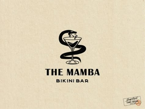 classic masculine design features an alcoholic beverage with a Black Mamba wrapped around the glass Bar Logos Vintage, Bar Logos Ideas, Sports Bar Logo Design, Cocktail Bar Logo Design Ideas, Logo Design Bar, Dive Bar Logo, Alcohol Branding Design, Luxurious Logo Design, Speakeasy Logo