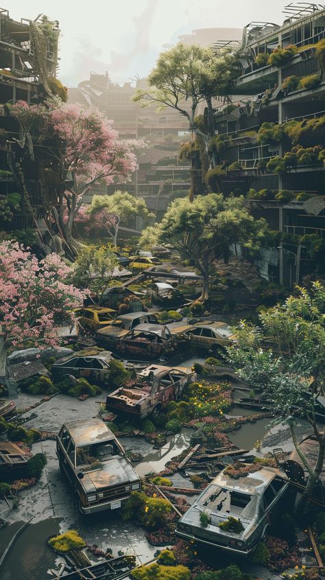 Abandoned Cities Art, Overgrown Cities Aesthetic, Abandoned Cities Aesthetic, Nature Taking Over City, City Taken Over By Nature, Abandoned Overgrown City, City Covered In Plants, Eco Dystopia, City Overtaken By Nature