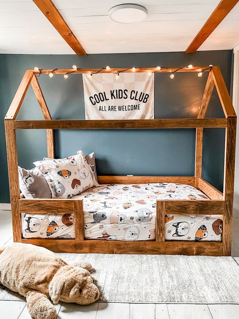 Montessori House Bed Twin Full or Queen House Bed Frame Railings Mattress Slats Made in US - Etsy Toddler Barn Bed, Boys Teepee Bed, Queen Toddler Floor Bed, Kid Floor Bed Ideas, Crib Mattress Bed Frame Diy, Safe Toddler Bed, Making A Toddler Bed, Daughters Shared Bedroom, House Bed Kid