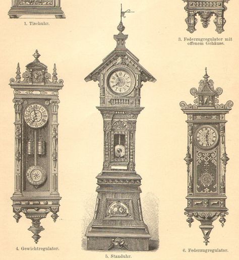 Victorian Clocks, Face Printable, Clock Drawings, Lithography Prints, Leipzig Germany, Pendulum Clock, Clock Tattoo, Old Clocks, Architecture Drawing Art