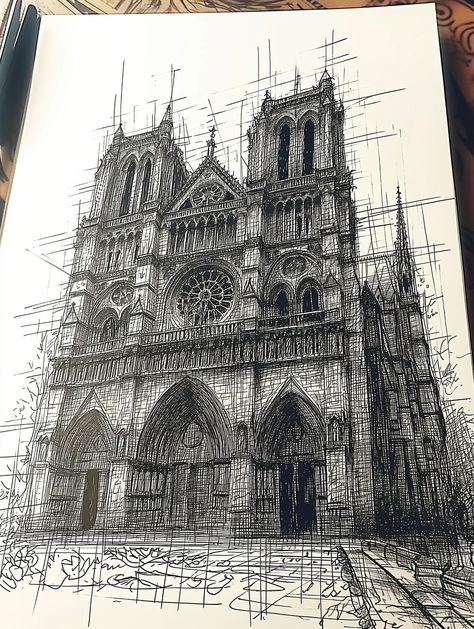 Notre Dame Sketch Architecture, How To Draw Gothic Architecture, Cool Gothic Drawings, Notre Dame Cathedral Interior, Gothic Architecture Design, Detailed Architecture Drawing, Cathedral Notre Dame Paris, Classic Architecture Drawing, Paris Notre Dame Cathedral