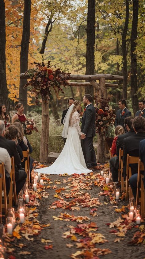 over enchanting fall wedding themes that capture the essence of autumn. From rustic chic to cozy elegance, find inspiration for your perfect fall celebration. Fall Theme Wedding Dress, Wedding Ideas Fall Rustic, Wedding Theme Autumn, October Wedding Theme Ideas, Fall Home Wedding Ideas, Wedding Fall Theme, Wedding Inspo Rustic, Autumn Colors Wedding, Whimsical Autumn Wedding