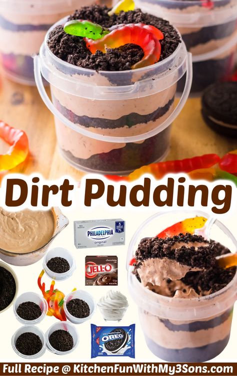 Have you ever eaten the classic dirt dessert with Oreos and gummy worms? This Dirt Pudding Recipe is based on the nostalgic treat we loved as kids. Now you get to make it for your kids to enjoy, too! Dirt Pudding Recipe With Cream Cheese, Pie, Homemade Dirt Pudding, Dirt Cake Pie, Dirt Pie Cake, Brownie Dirt Cups, Dirt Pudding With Cream Cheese, Gummy Worm Dirt Pudding, Dirt Cake Oreo