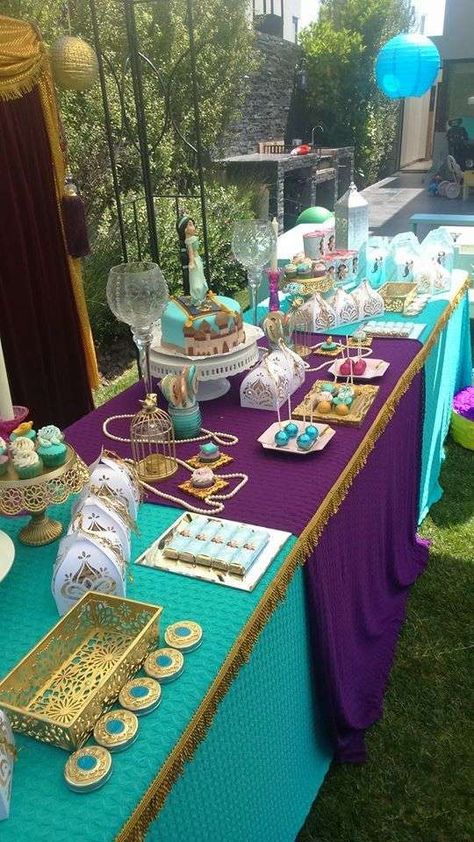 Princess Jasmin Birthday Party Ideas | Photo 1 of 36 Princess Jasmine 3rd Birthday, Princess Jasmine Bridal Shower Ideas, Aladdin Party Food, Alladin Birthday, Aladdin Themed Wedding, Aladdin Theme Party, Peacock Birthday Party, Aladdin Theme, Aladdin Wedding