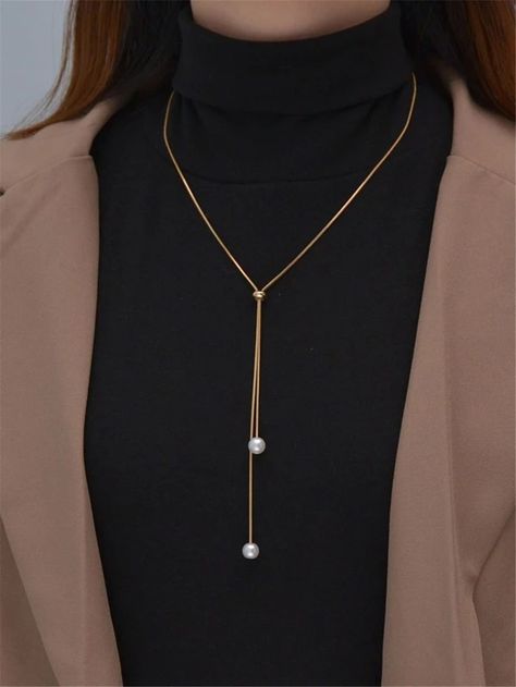 Faux Pearl Decor Y Lariat Necklace | SHEIN USA Neck Accessories Women, Neck Accessories Jewelry, Embellished Fashion, Pearl Decor, Y Necklace, Pearl Jewelry Necklace, Friendship Necklaces, Gold Pearl Necklace, Friend Necklaces