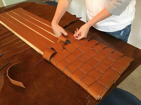 Roundup: DIY Leather Projects — THE GREAT GOODNESS Leather Interior Design, Leather Working Projects, Basement Furniture, Basement Remodel Diy, Brand Name Bags, Diy Leather Projects, Third Anniversary, Woven Chair, Upholstery Diy