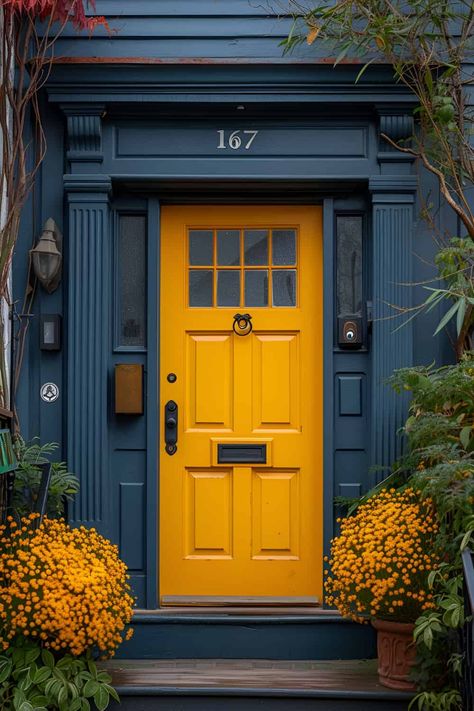 19 Front Door Ideas That Will Transform Your Home's First Impression | DIY Vibes Barn Front Door Entrance, Front Entrance Ideas Exterior, Bright Cottage, Front Door Designs, Unique Front Doors, Exterior Door Designs, Yellow Front Doors, Yellow Door, Gorgeous Doors