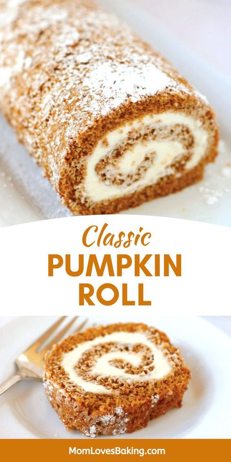 Pumpkin spice sheet cake frosted with cream cheese frosting then rolled up into a log, sliced to reveal the beautiful cake roll.