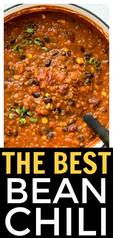 Chili Without Onions, Chilli Recipe Crockpot Vegetarian, Chili Without Meat Recipe, Red Bean Chili Crockpot, Vegan Chilli Beans Recipe, Vegetarian Bean Chili Crockpot, Chili With No Meat Recipe, Meat Free Chili, Chili Recipe On Stovetop