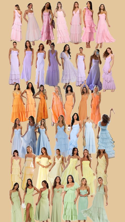 Bridesmaids On Opposite Side, Bridesmaids Dresses Garden Wedding, Fun Bridesmaid Dresses Color Schemes, Pastel Gowns Classy, Bridesmaid Dress Same Color Different Style, Wedding Guest Theme Outfit, Colour Palette Bridesmaid Dresses, Bridesmaid Flower Dresses, Pastel Dresses Bridesmaid