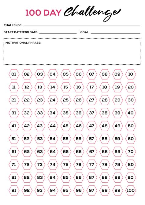 100 Days Challenge Printable, 100 Mile Challenge Chart, 2023 Memories, 100 Day Plan, Countdown Calendar Printable, 60 Day Challenge, Start Youtube Channel, Challenge Tracker, Tracker Free