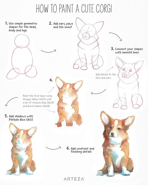 Corgi Painting Easy, Dog Watercolor Painting Easy, Corgi Drawing Easy, Dog Paintings Easy, Corgi Watercolor, Royal Corgi, Venue Watercolor, Corgi Illustration, Dog Watercolor Art