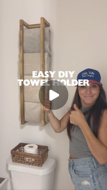 SHAYNA ALNWICK on Instagram: "These are SO easy to make! 🤯

Im resharing a simple and easy favorite DIY project of mine! I’ve listed the measurements in the video and all you need is wood and a few tools!

I used my favorite stain which is @dixiebellepaint no pain gel stain for the finish look! AD

Comment “LINK” and I’ll DM you the link for all the products for this project! ✨ 

.
.
.
.
#diyprojects #dbpbrandambassador #easydiy #woodworking #towelholder #bathroomhack #lifehack #cleaninghack #diy #homedecor #diyhomedecor" How To Make A Towel Rack Bathroom, Towel Holder Diy Bathroom, Diy Wooden Towel Holder, Homemade Towel Rack, Wooden Towel Rack Bathroom Diy, Diy Wooden Towel Rack, Diy Towel Shelf Bathroom, Towel Bar Hacks, Towels Above Toilet