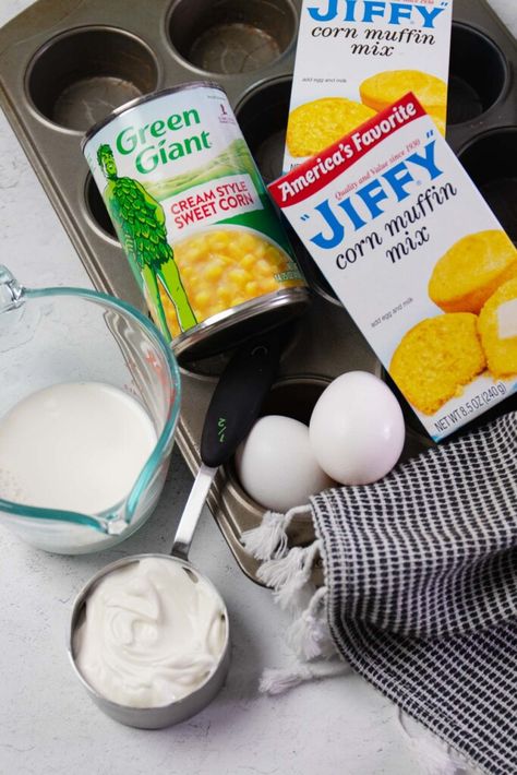 Ingredients for creamed corn cornbread muffins made with Jiffy corn mix. Casserole For Thanksgiving, Corn Casserole Jiffy, Corn Cornbread, Creamed Corn Cornbread, Jiffy Recipes, Jiffy Cornbread Recipes, Easy Corn Casserole, Jiffy Corn Muffins, Cornbread With Corn