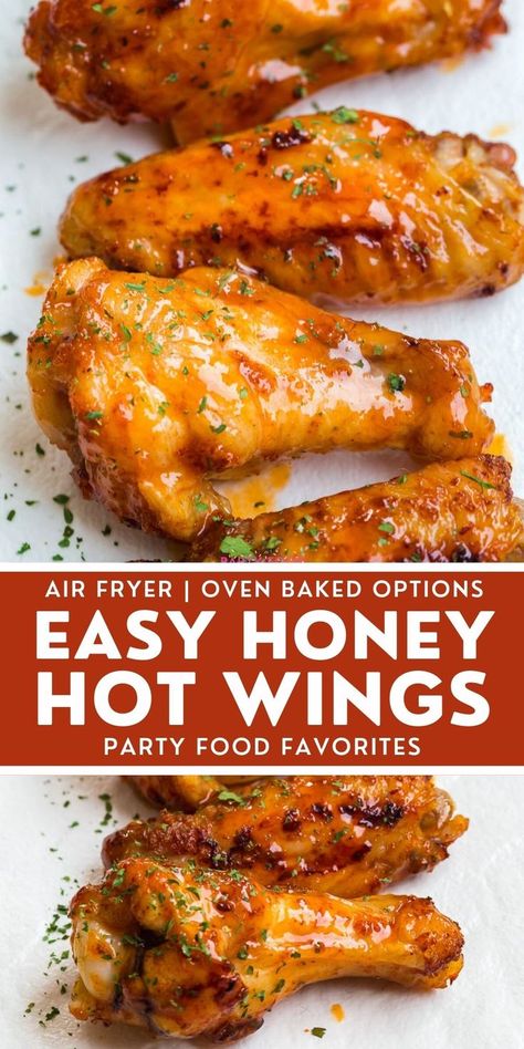 Honey Hot Wings are a crispy, crunchy snack for a crowd. Learn how to make them in the oven and your air fryer! Hot Wings Recipe Air Fryer, Oven Hot Wings, Oven Wings Crispy, Wings Recipe Air Fryer, Snack For A Crowd, Honey Wings Recipe, Honey Hot Wings, Wings Recipe Oven, Chicken Wings Recipe Oven