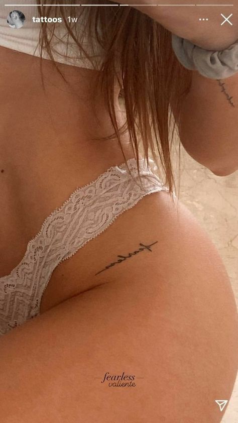 Pelvic Tattoo Hip Small Words, Hip Writing Tattoos Women, Cute Hip Tattoos For Women, Intimate Tattoos For Women Hip, Aesthetic Hip Tattoo, Tiny Tattoo On Hip, Hip Small Tattoos Women, Hip Script Tattoo, Back Hip Tattoos Women