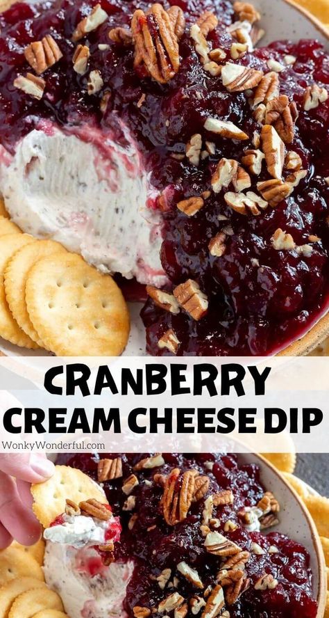 Cranberry Cream Cheese Dip is a super quick and easy holiday appetizer recipe. Just four ingredients make this festive dip that's perfect for Christmas, New Year or Thanksgiving. #holidayrecipes #cranberrydip #cranberrycreamcheesedip #diprecipes #thanksgivingrecipes #christmasrecipes Pecan Dip Cream Cheese, Cranberry Cream Cheese Dip, Cranberry Dip, Cream Cheese Recipes Dip, Ms Recipes, Cream Cheese Dip, Holiday Appetizers Easy, Holiday Appetizers Recipes, Cranberry Cream Cheese