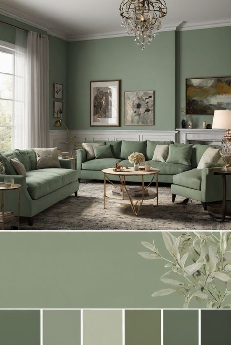 Are you looking for the perfect living room color for 2024? Discover why BM Fresh Sage (523) is the top pick. #ad    interior design service,sage green paint,home decoration ideas,interior design companies #Colortrend #wallpaint2024 #color2024  #DIYpainting #DIYhomedecor #Fixhome Green Living Room Color Scheme, Living Room Design Green, Sage Living Room, Sage Green Living Room, Green Sofa Living Room, Color Palette Living Room, Green Living Room, Green Interior Design, Fresh Sage