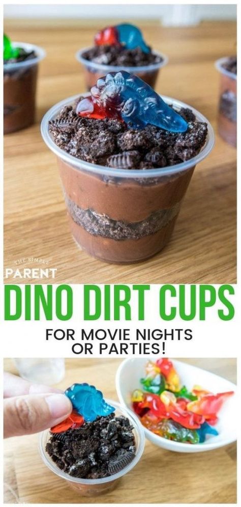 35 Roar-Worthy Dinosaur Snacks Party Ideas Straight out of Jurassic Park Dino Themed Treats, Simple Dinosaur Birthday Party, Dinosaur Movie Night, Dino Themed Food, Snacks Party Ideas, Dirt Cup Recipe, Dirt Cups Recipe, Dinosaur Snacks, Dinosaur Birthday Party Food