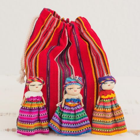 Novica Set of 12 Handmade Cotton 'Worry Doll Dancers' Figurines (Guatemala) (Solid), Multi Guatemalan Worry Dolls, Worry Dolls, Polymer Clay Sculptures, Angel Ornaments, Doll Sets, The Holiday Aisle, Bag Set, Memorable Gifts, Cotton Bag