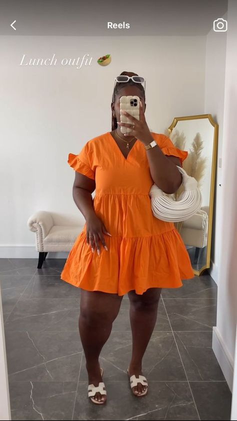 Sun Dresses Plus Size, Carrebian Gown Styles, Family Picnic Outfit, Vacation Plus Size Outfits, Orange Outfits For Black Women, Plus Size Summer Outfits Curvy Fashionista, Graduation Guest Outfit Ideas, Clothes Curvy, Trendy Plus Size Dresses