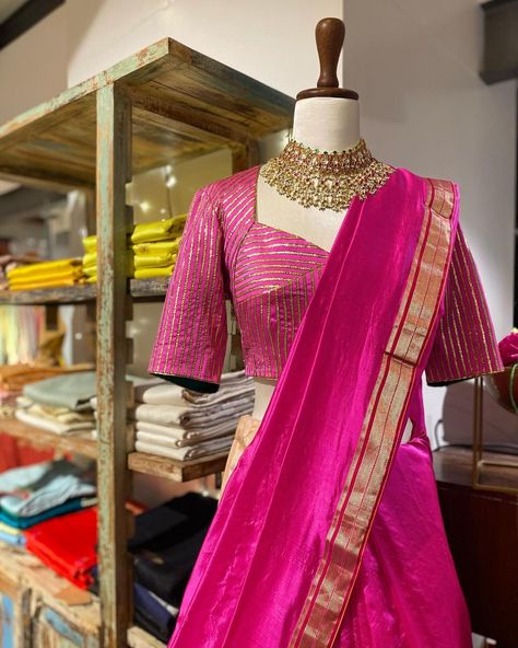 anantam on Instagram: “This saree is a Blend of elegance and royalty There are so many ways to wear and style it. You won’t regret picking this timeless…” Transitional Pre-draped Saree With Zari Weaving For Puja, Elegant Transitional Saree For Puja, Glamorous Silk Saree-style Blouse, Upcycle Saree Indian Saris, How To Recreate Old Saree, Lehenga Saree Design, Saree Blouse Neck Designs, Traditional Blouse Designs, Blouse Ideas