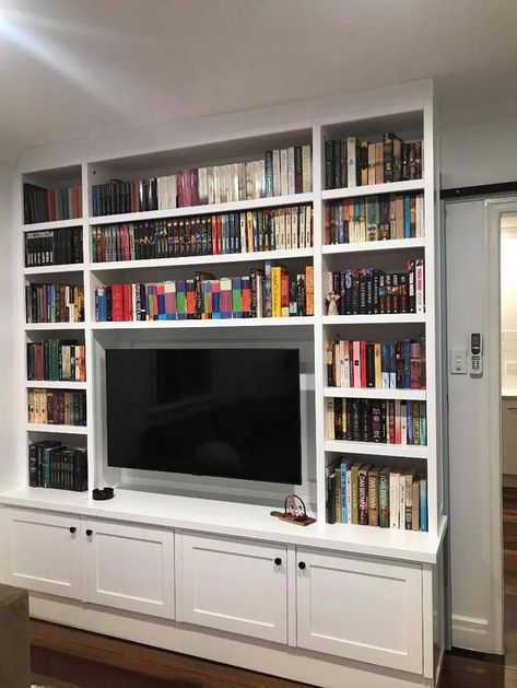 Built In Bookshelves With Tv Space, Tv In A Bookcase, Bookshelf Entertainment Center Diy, Tv Bookcase Wall Small Spaces, Library And Tv Room, Tv Wall Design With Bookshelves, Tv And Bookshelf Wall Bedroom, Entertainment Center Bookshelves, Books Around Tv