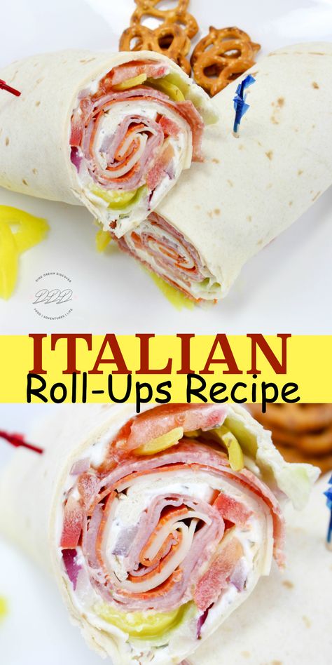 These Italian roll-ups aka tortilla roll-ups, ham pinwheels, or appetizer roll-ups, they are so easy to make and make a great lunch or appetizer. Use your favorite ham, salami, turkey, pepperoni and cheeses to make these your own. #DineDreamDiscover #JustPlumCrazy #FullTimeRV #Recipe #Dessert #RecipeOfTheDay Ham Pinwheels, Italian Ham, Italian Rolls, Tortilla Rolls, Cream Cheese Rolls, Roll Ups Recipes, Turkey Pepperoni, Italian Meats, Chapati